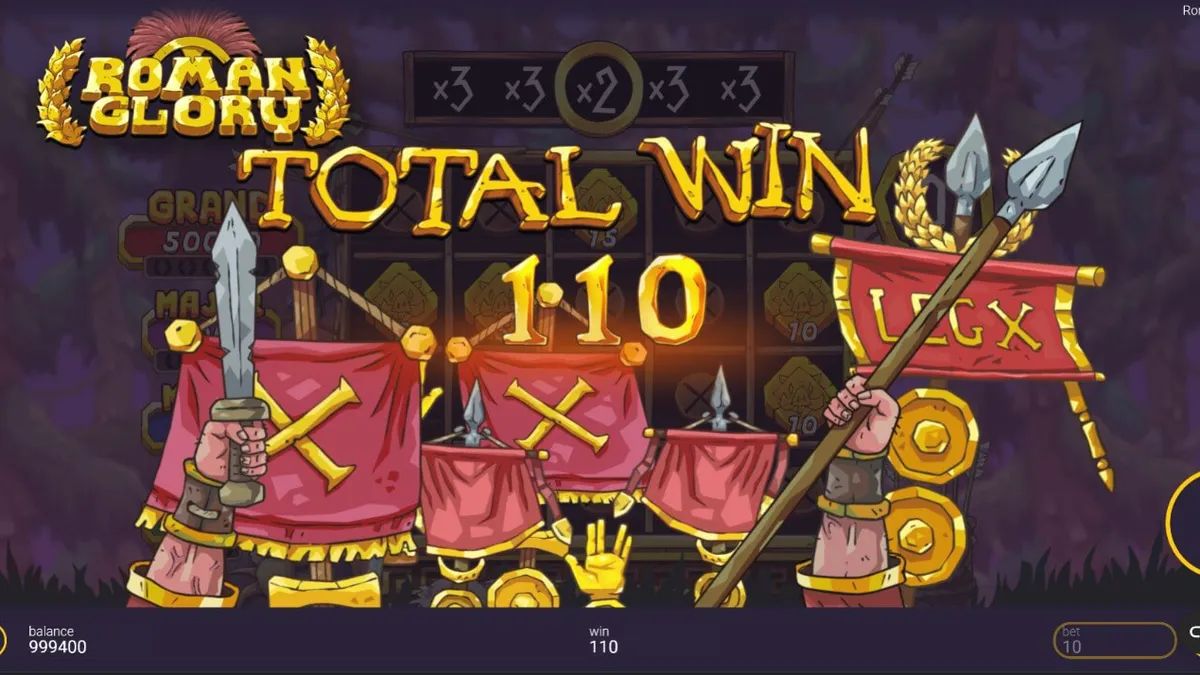 Tampilan visual slot Roman Glory dengan latar belakang hutan dan elemen Romawi